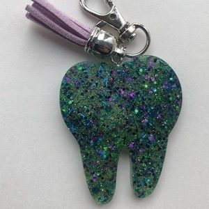 Handmade Resin Green, Blue & Purple Tooth Key Chain Dentist Orthodontist Gift